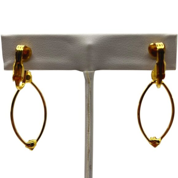 Vintage Gold Tone Clip On Dangle Drop Earrings Clear White Crystal Accent Dressy - Picture 3 of 4